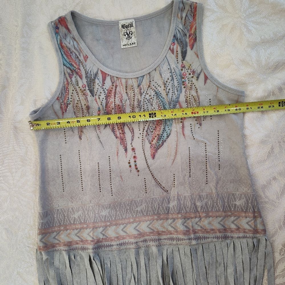 Vocal Western Fringe Rhinestone Feather Sleeveless Soft Flowy Top Womens Large - Picture 6 of 7